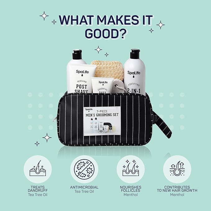 SpaLife 7-Piece Men's Body Care Gift Set | Mens Gift Set with 2-in-1 Shampoo & Conditioner, Body Wash, Moisturizer, Post-Shave Lotion, Sponge & Foot Stone | Christmas Gifts for Men | 7-Piece Bundle