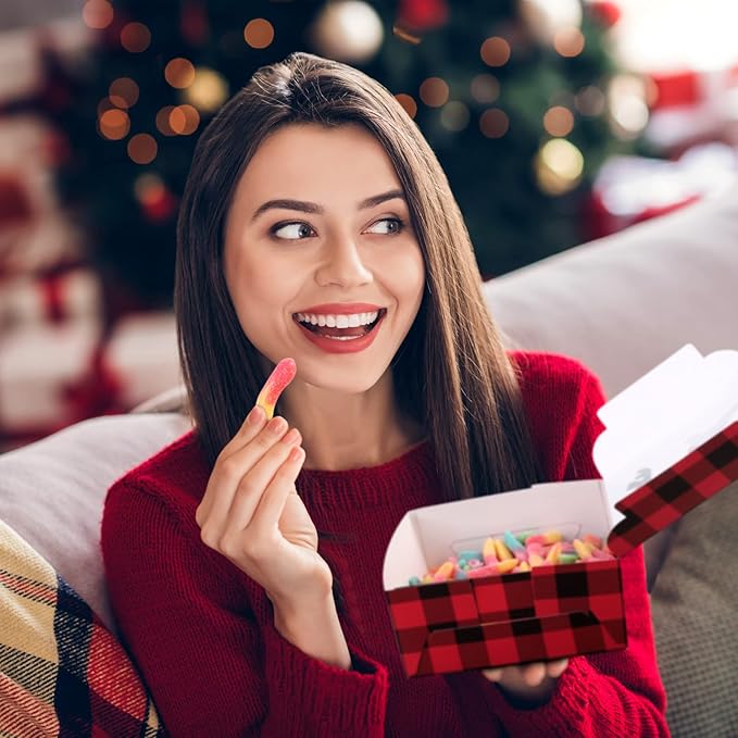 Ruisita 30 Pack Christmas Cupcake Boxes Plaid Cookie Gift Boxes Food Treats Container with Tags for Cupcake, Candy, Party Favors (Red+Black, 6.3 x 6.3 x 3 Inches)