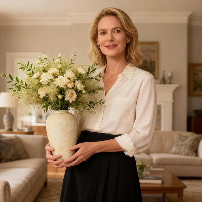 Ceramic Flower Vase Home Decor - 9.2 inch Large Farmhouse Table Vases, Rustic Decorative Vases for Kitchen Living Room Coffee Dining ShelfMantel Decoration