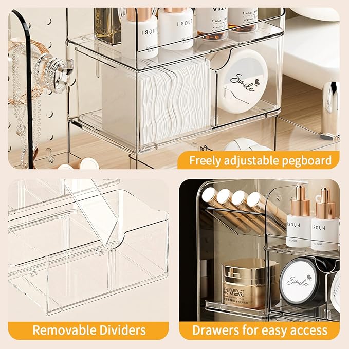 KHNR Makeup Organizer for Vanity,Acrylic Makeup Organizers with Jewelry Organizer,Bathroom Accessories Organizer with Removable Dividers,Bathroom Countertop Organizer for Desk,Vanity,Mirror Cabinet