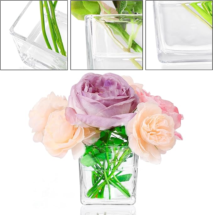 12 Pack Square Glass Vases, 3” x 3” Clear Cube Glass Flower Vases, Mini Square Glass Vases Candle Holders with Sponge Brush for Centerpieces
