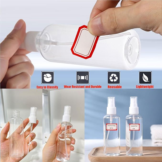 Small Spray Bottle, 4 Pack 100ml/3.5 oz Travel Clear Plastic Refillable Empty Fine Mist Spray Bottle with 24pcs Labels for Travel, Cleaning, Gardening, Skin Care