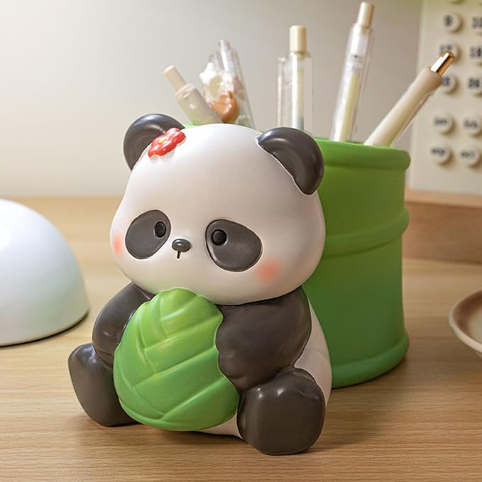 Panda Pen Holder, Cute Bamboo Design Resin Desk Organizer with Multifunctional Storage, for Office School Home Decor