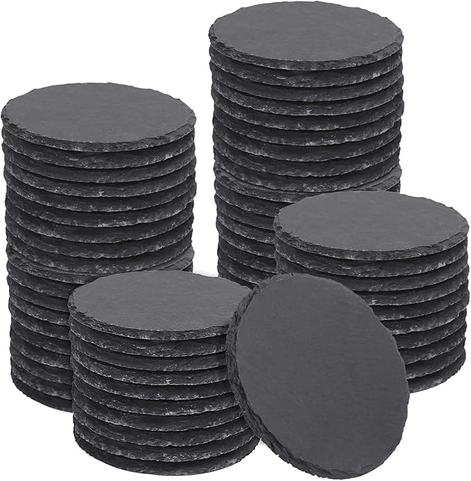 50 Pack 4 Inch Round Slate Coasters for Drinks, Black Stone Coasters with Anti-Scratch Bottom, Ideal for Home Decor, Bar, Housewarming Gifts, and Laser Engraving KUKLIPJIM