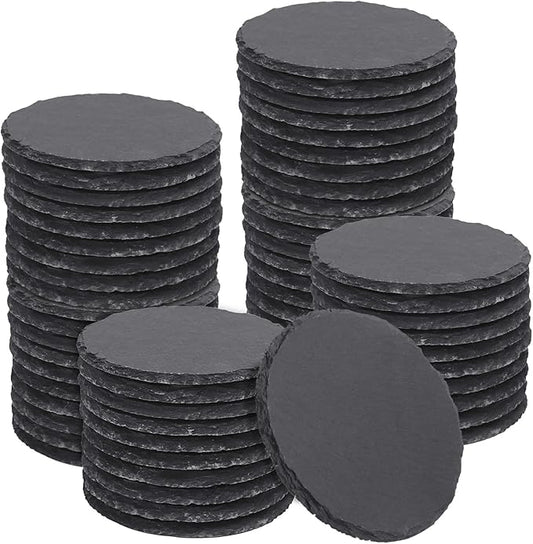 50 Pack 4 Inch Round Slate Coasters for Drinks, Black Stone Coasters with Anti-Scratch Bottom, Ideal for Home Decor, Bar, Housewarming Gifts, and Laser Engraving KUKLIPJIM
