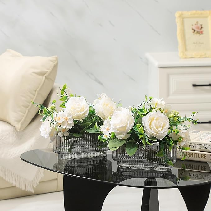 Ribbed Glass Vases, Small Vases for Flowers Set of 2, Black Glass Vase for Centerpieces, Rectangle Bud Vases for Living Room, Bedroom, Kitchen, Dining Table, Shelf, Wedding