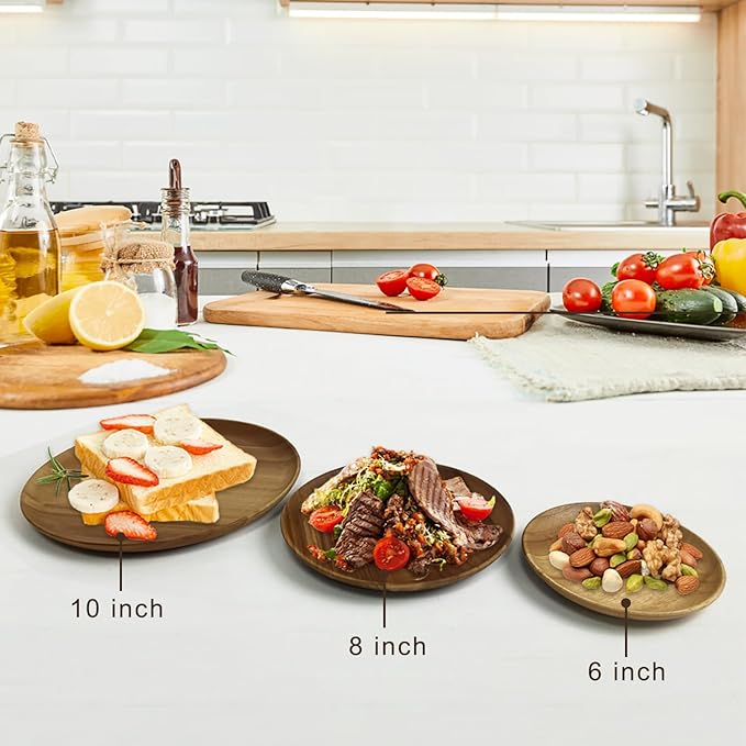 MinBoo Wooden Acacia Plates set of 3, 9-6Inch Wood Acacia Serving Trays, Farmhouse Kitchen Plates, Reusable Wooden Dishware for Dining, Appetizers, Snacks, Parties (oval)