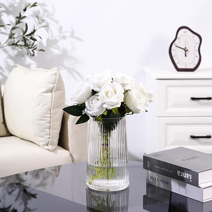 Clear Glass Vase for Flower, Flower Vase for Bouquet, Modern Glass Vases, Ribbed Vases for Living Room, Bedroom, Dining Table, Office, Wedding, Centerpieces, 8 Inches