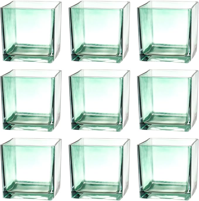 Square Glass Vases Set of 9, 4"x 4"x 4" Flower Vases for Centerpieces, Green Glass Vase for Flowers, Small Vase for Wedding, Party, Home Office Decoration