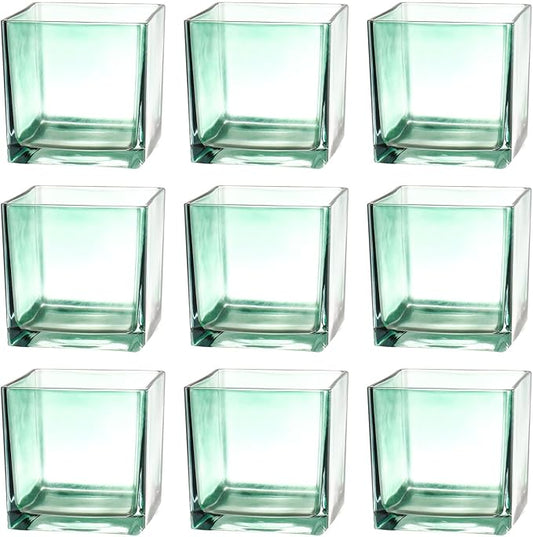 Square Glass Vases Set of 9, 4"x 4"x 4" Flower Vases for Centerpieces, Green Glass Vase for Flowers, Small Vase for Wedding, Party, Home Office Decoration