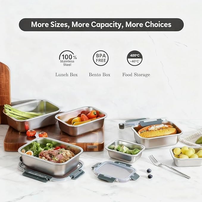 8 PCS-4-Size Stainless Steel Lunch Box- Leakproof & Dishwasher Safe, Stackable Stainless Steel Food Containers, Metal Bento Box for Work,Travel (58/41 /24 /14Oz)