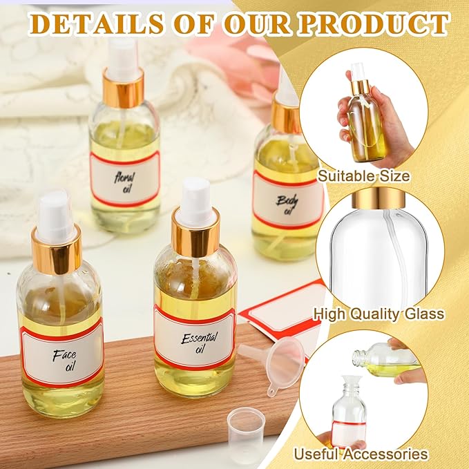Fumete 36 Pcs Glass Spray Bottles 4oz Fine Mist Glass Spray Bottle Refillable Liquid Containers with 6 Labels 6 Funnel for Hair Travel Plants Cleaning Solutions Skin Care(Clear,Simple)