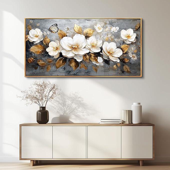 FUHAIHUA Wood Framed Canvas Wall Art For Living Room Wall Decor For Bedroom Office Wall Decoration White Flower Painting Farmhouse Pictures Artwork Room Aesthetic Home Decor 20x40 In