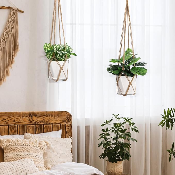YIBOT Macrame Plant Hanger Indoor Set of 2 with 2 S Hooks, Indoor Outdoor Hanging Planter for Plants Holder with Decorative No Tassels, Boho Home Decor, 35 Inch, Brown (Pots Not Included)