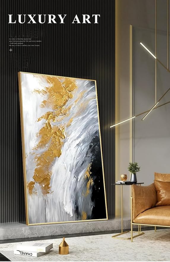 Hand-Painted Black and White Abstract Oil Painting on Canvas for Entrance-Hall, Framed Gold Wall Art for Living Room,Large 3D Wall Picture for Bedroom Kitchen Home Decoration 24x48inch