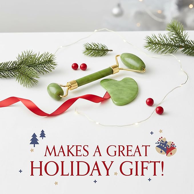 4-Piece Body Roller Jade & Authentic Jade Roller and Gua Sha Set for Face and Body Sculpting, Puffiness Reduction, Lymphatic Support, and Relaxing Spa Massage