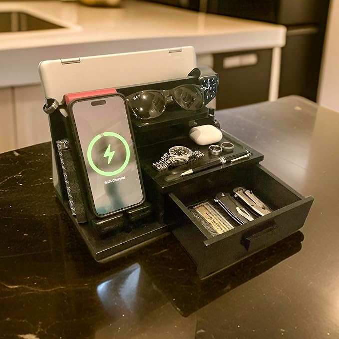 Black Wood Phone Docking Station with Drawer, Compatible with Apple Watch - Wood Charging Station Organizer Stand, Bedside Nightstand Organizer for Men, Holds, Tablet, Glasses, Keys, EDC