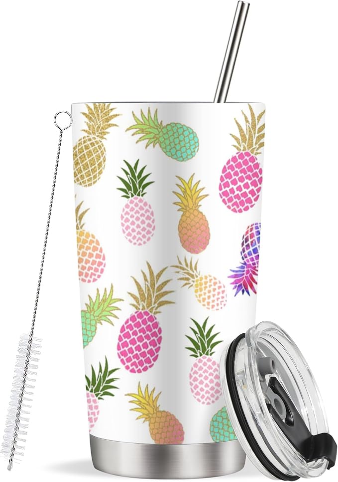 20 oz Pineapple Insulated Tumblers with Straw and Lid, Reusable Stainless Steel Coffee cup Travel Mug for Women's Hot and Cold Drinks Gift