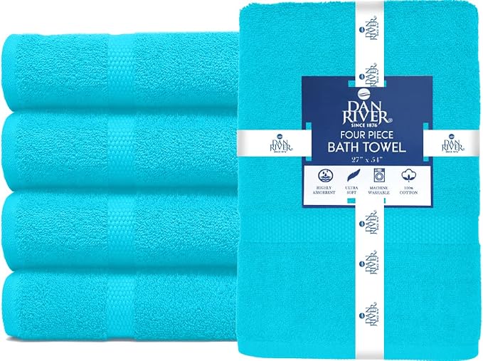 DAN RIVER Bath Towels Set of 4, 27 x 54 Inches, 100% Cotton, Larger & Lighter Weight, Quicker to Dry, Super Soft and Absorbent, Ideal Aqua Bath Towels for Daily Use