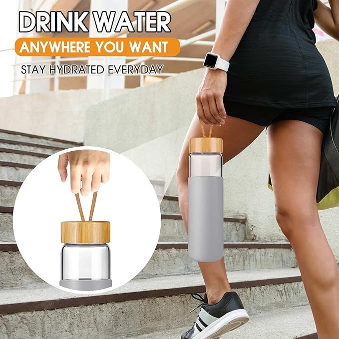 25 Oz Borosilicate Glass Water Bottles with Silicone Sleeve BPA Free, Dishwasher Safe - Reusable Clear Glass Drinking with Leak Proof Bamboo Lid | Perfect Gym Water Bottles for Men & Women