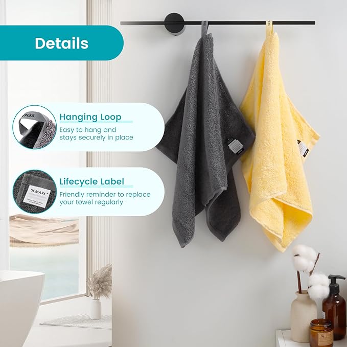 SEMAXE 12-Piece Family Bathroom Towel Set - 100% Cotton, 4 Bath Towels, 4 Hand Towels, 4 Washcloths, Ultra-Soft and Super Absorbent, Lighter Weight