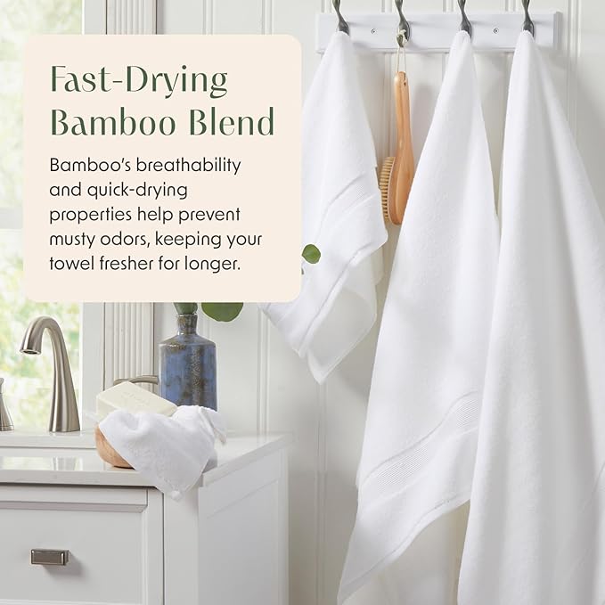 Springtree Home Luxury Bamboo Rayon Bath Towel Set of 4 | 35% Bamboo Rayon - 65% Zero Twist Cotton | Absorbent Quick-Dry Towels for Bathroom | Oeko-TEX Standard 100 Cotton | White - 4 Pack