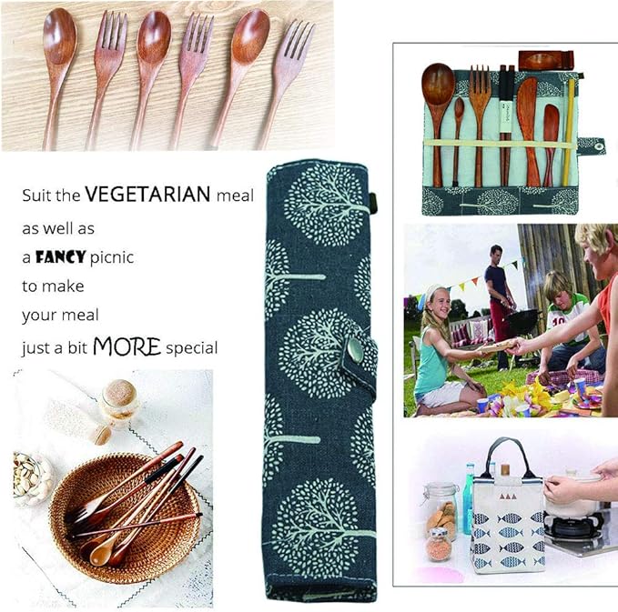 bamboo Utensils for Eating Reusable wooden travel flatware set with Case 9 Pcs durable wooden cutlery wooden spoons forks and chopsticks Wood Flatware Set with Knife Fork Spoon Chopsticks Straw