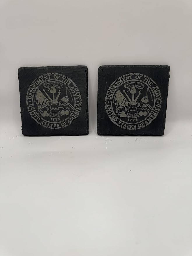 US Army Department Slate Coasters, Military Seal Design, Black, Set of 4