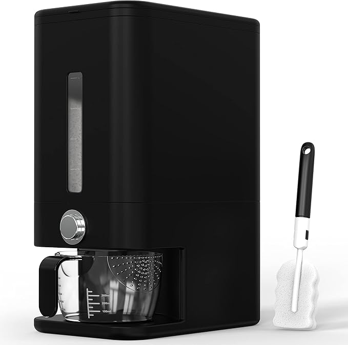 25lb Rice Dispenser - Air Tight Grain & Rice Container With Easy To Use Dispensing, Measuring Cup, & Sponge - NEW Black Design Grain Storage Container