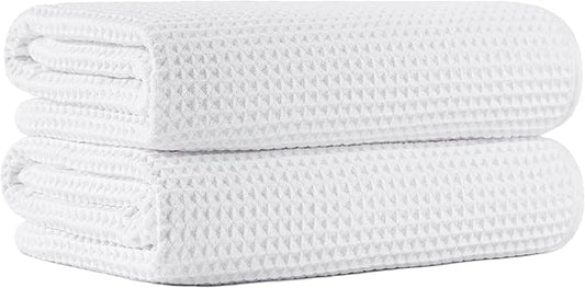 New Microfiber Waffle Bath Towels, 2 Pieces, Oversized, Soft, Absorbent, Fast Drying, Lint Free (White)