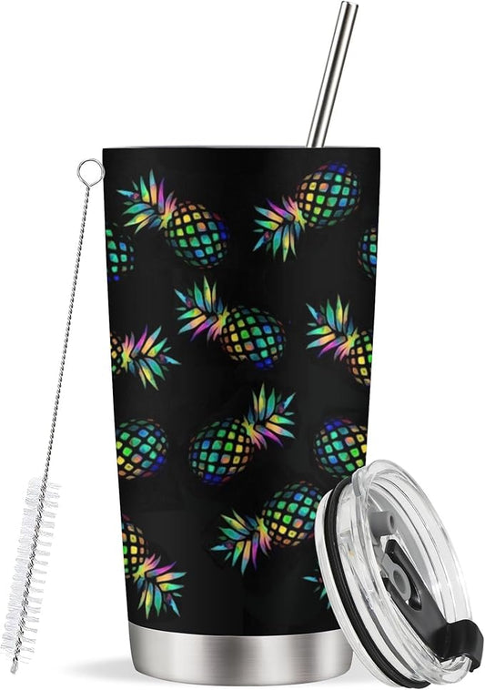 20 oz Pineapple Insulated Tumblers with Straw and Lid, Hawaiian Style Reusable Stainless Steel Coffee Cup Travel Mug for Hot and Cold Drinks Pineapple Gift