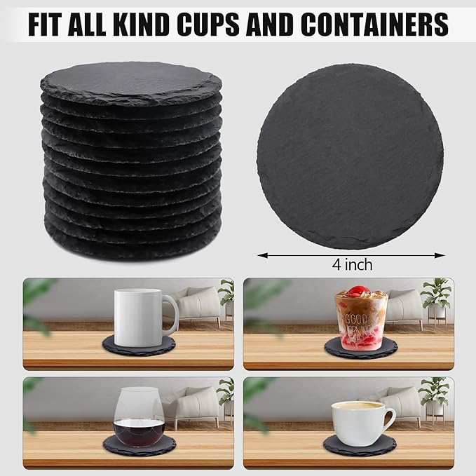 24 Pack Round Slate Drink Coasters, VIBRATITE 4 Inch Black Slate Stone Coasters Bulk Cup Coasters Laser Engraving Blanks with Anti-Scratch Bottom for Drink Coffee Bar Kitchen Home Decor