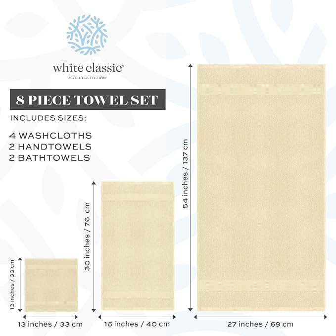 White Classic Luxury Bath Towel Set of 8 Pieces - 100% Turkish Cotton Highly Absorbent Towels for Bathroom, 2 Luxury Bath Towels 700GSM, 2 Hand Towels, 4 Washcloths, Beige