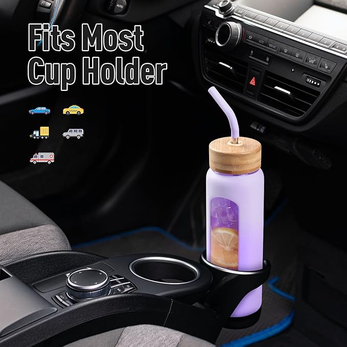 24oz Glass Water Bottle with Straw and 2 Lids-Bamboo and Spout Lid, Borosilicate Glass Water Bottle with Silicone Sleeve and Time Marker,BPA Free & Cupholder Friendly,Purple