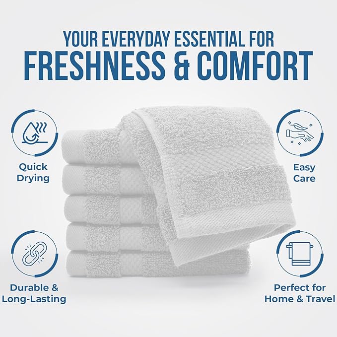 DAN RIVER 12-Pack Premium 100% Cotton White Face Towels – Reusable Face Towel Set, Soft & Absorbent Wash Cloths for Bathroom & Body – Hand and Face Towels, 550 GSM (12x12 in)