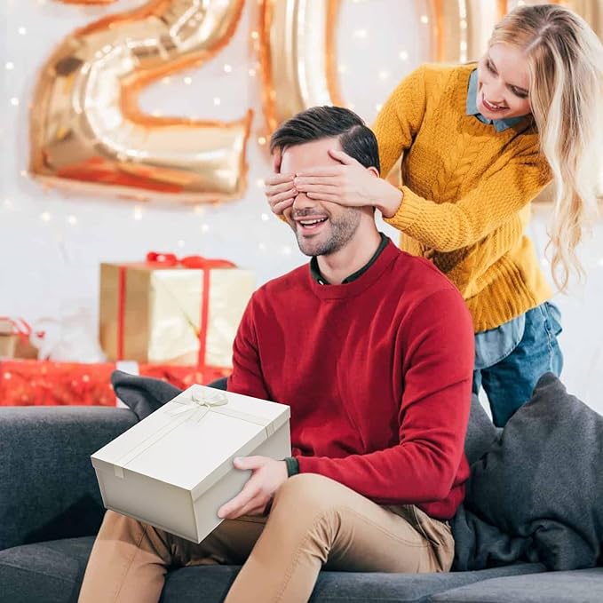 2 Pack Large Gift Boxes with Lids for Presents, 13"x10"x5" White Gift Wrap Boxes, Foldable Box for Gifts, Sturdy Present Box for Birthdays, Anniversaries, Festivals or Special Celebration