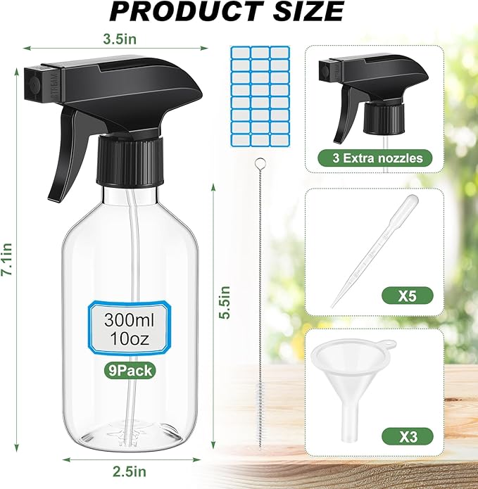 9 Pack 10oz/300ml Plastic Spray Bottle Bulk for Plant Small Spray Bottle Fine Mist Water Sprayer Upgraded Adjustable Nozzle Refillable Empty Containers for Cleaning, Hair, Cooking(Clear)