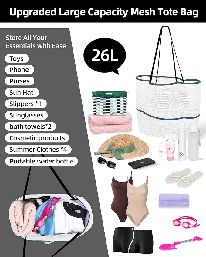Mesh Beach Tote Bag Packable,2025 New 2-in-1 Large Lightweight Foldable Beach Bags with Multiple Pockets for Women