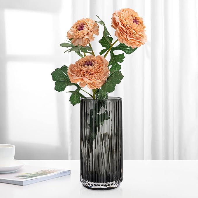 Flower Vase 9.5 inch Grey Thickened Hand Blow Glass Vase Round Vintage Striped Bottles for Bookshelf,Dinner Table,Indoor Office Desktop,Meeting Room,Bathroom,Countertop,Home