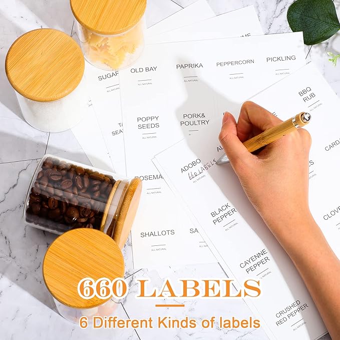 Zubebe 32 Pieces 7 oz Glass Spice Jars with Bamboo Lids and Labels, Large Clear Spice Containers with 660 Spice Labels Airtight Canisters Sets for Kitchen Seasoning Jars Storage Herbal Teas, Coffee