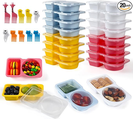 20 Sets Reusable Snack Containers with Lids, 2-Compartment BPA-Free Portion Control Containers for Kids Lunch, Meal Prep & On-the-Go, Refrigerator & Microwave Safe with 10 Animal Forks (4 Color)