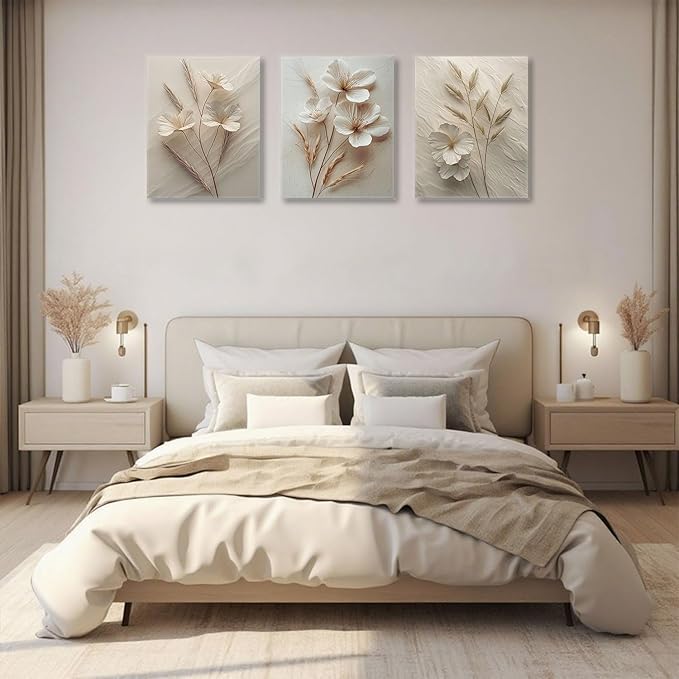 TUEASKY 3 Piece Neutral Floral Canvas Wall Art Beige Flower Wall Art Vintage Botanical Decor Modern Minimalist Prints for Bedroom Living Room Office Home Decoration 12x16in Framed