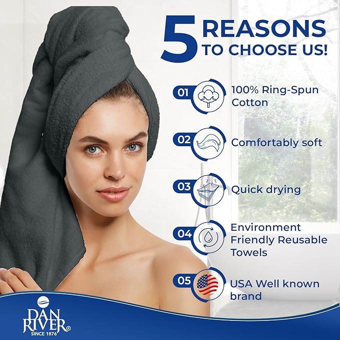 DAN RIVER 8 PC Luxury Bath Towels for Bathroom, 2 Bath, 2 Hand, and 4 Wash Cloths, 600 GSM 100% Ring Spun Cotton Towel Set, Highly Absorbent, Gym, Hotel, and Spa, Grey