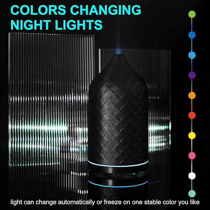 Essential Oil Diffuser for Home, Ceramic Aromatherapy Diffuser for Essential Oils, 120ml Oil Diffuser with Waterless Auto-Off and 7 LED Lights for Large Room Yoga Spa (Black)