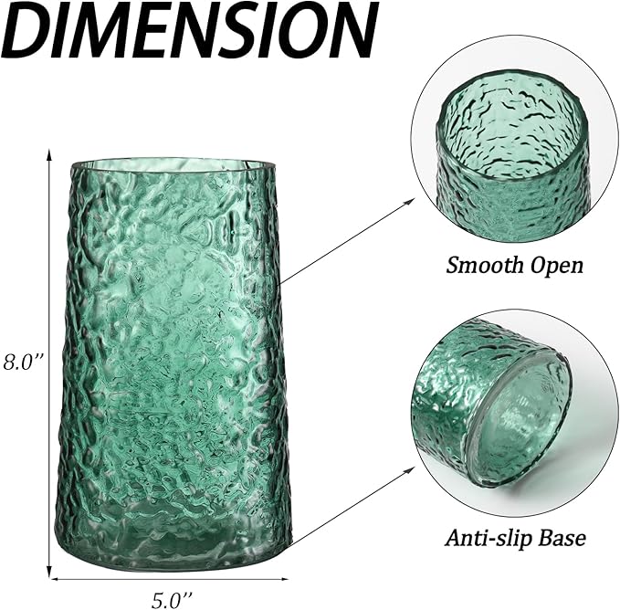 Green Glass Vase, Flower Vases for Bouquet, Modern Glass Vase for Flowers, Large Vases for Living Room, Bedroom, Kitchen, Office, Wedding, Dining Table, 8 Inches