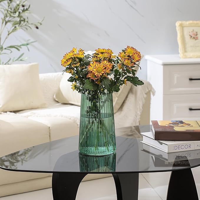 Green Glass Vase for Flower, Flower Vase for Bouquet, Modern Glass Vases, Ribbed Vases for Living Room, Bedroom, Dining Table, Office, Wedding, Centerpieces, 8 Inches