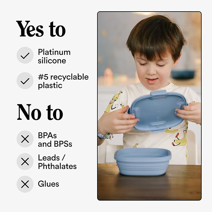 STOJO Jr Collapsible Box for Kids - Steel Blue, 24oz - Leak-Proof Reusable Silicone Travel Bowl for Hot & Cold Food - For Home, On-The-Go Camping & Hiking - Microwave & Dishwasher Safe