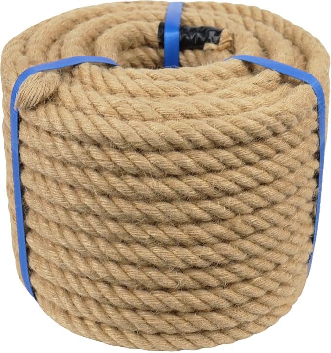 3/4 Inch Natural Jute Rope, 100 Feet Thick Hemp Rope, 4 Strands Twisted for Crafts, Railings, Hammock, Nautical, Home Decorating, Indoor/Outdoor Use
