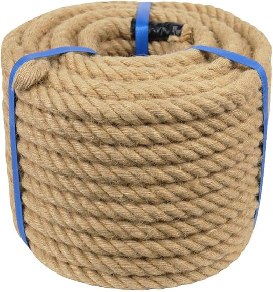 3/4 Inch Natural Jute Rope, 100 Feet Thick Hemp Rope, 4 Strands Twisted for Crafts, Railings, Hammock, Nautical, Home Decorating, Indoor/Outdoor Use
