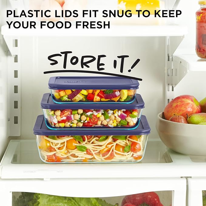 Pyrex Simply Store (3-Pack) Rectangular Glass Food Storage Containers Set, (3, 6 & 11 Cup) Meal Prep Containers With BPA-Free Lids, Dishwasher & Microwave Safe